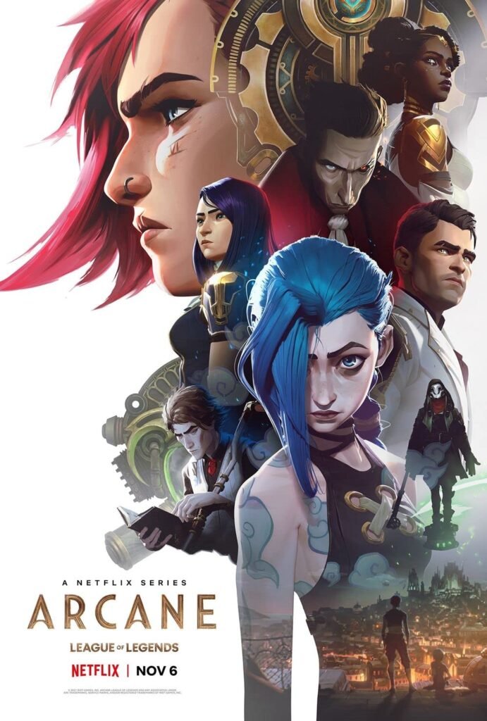 Affiche de la série Arcane présentant les personnages, Jinx, Caitlyn, Vi…