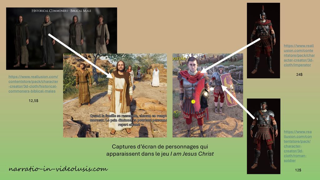 Identification de certains v&ecirc;tements port&eacute;s par les personnages d'I am Jesus Christ rapport&eacute;s &agrave; leur store 3d d'origine